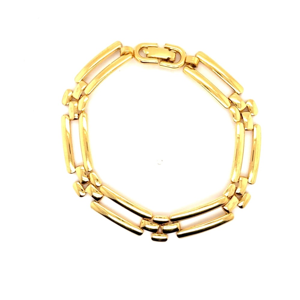 Monet Gold Tone Double Bar Link Bracelet Vintage Geometric Fold Over Clasp 7.5"